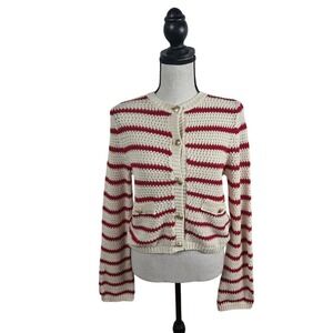 H&M Striped Crochet Knit Cardigan Cream Red Gold Button Valentines Sz S